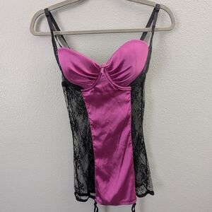 Frederick's of Hollywood Pink Satin and Black Lace Chemise